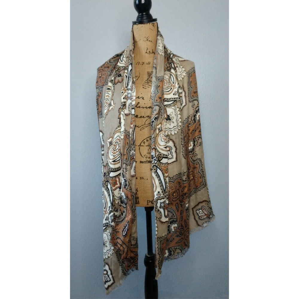 Brown Orange Neck Scarf Shawl Fringe Paisley - Picture 2 of 3